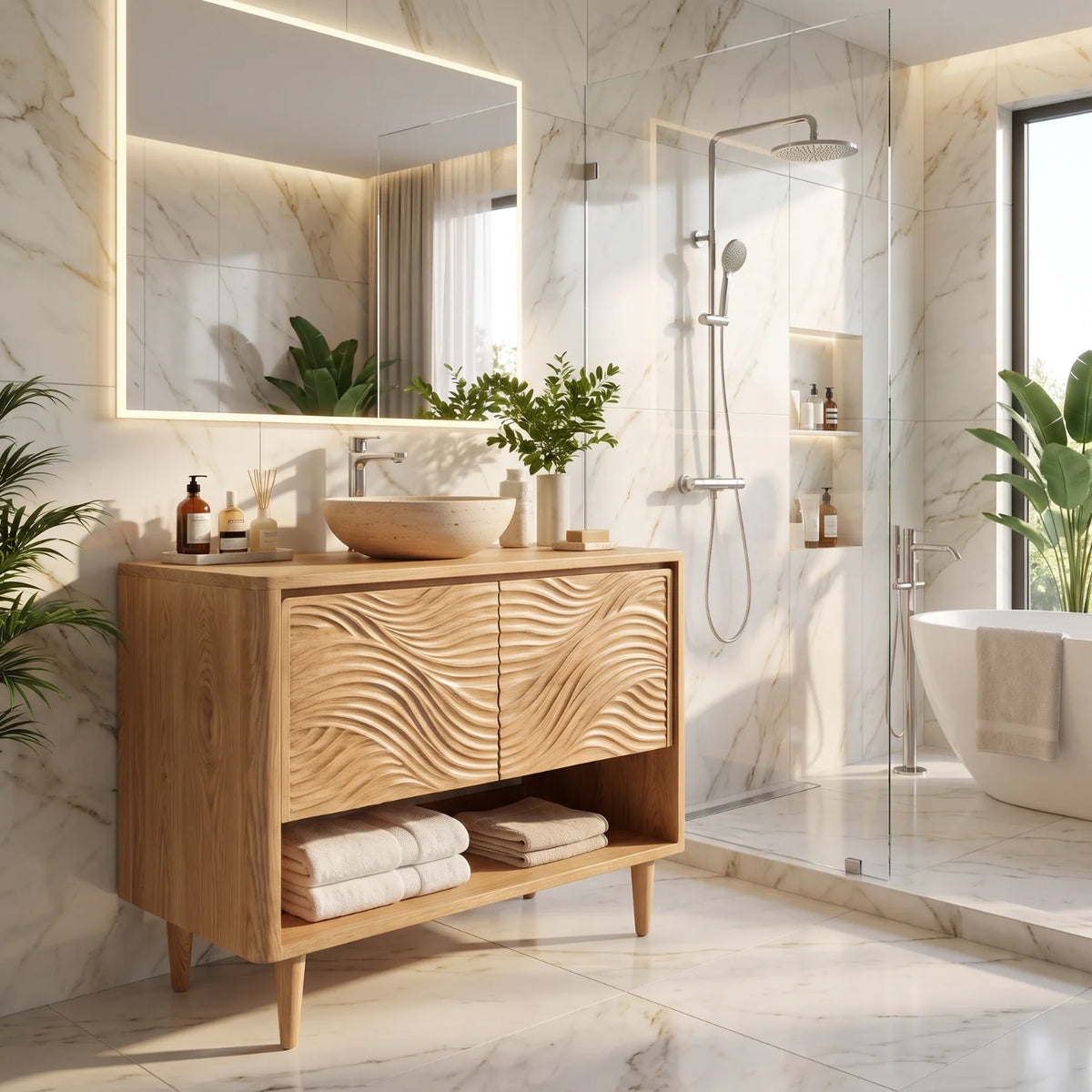 Solid Wood Bathroom Vanity with Carved Ripple Cabinet and Open Shelf for Powder Rooms