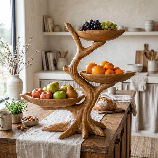 Solid Wood Three-Tier Fruit Bowl Stand with Sculptural Branch Design