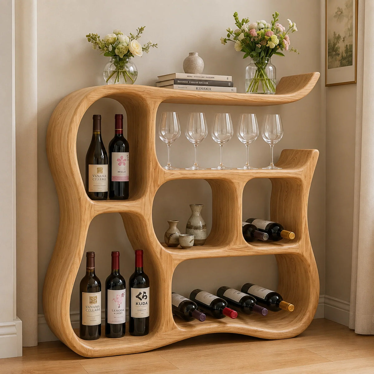 Solid Wood Wine Cabinet with Sculptural Curved Compartments for Home Bar Storage