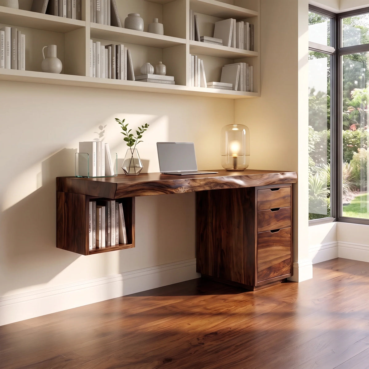 Solid Wood Desk with Drawers and Open Shelf
