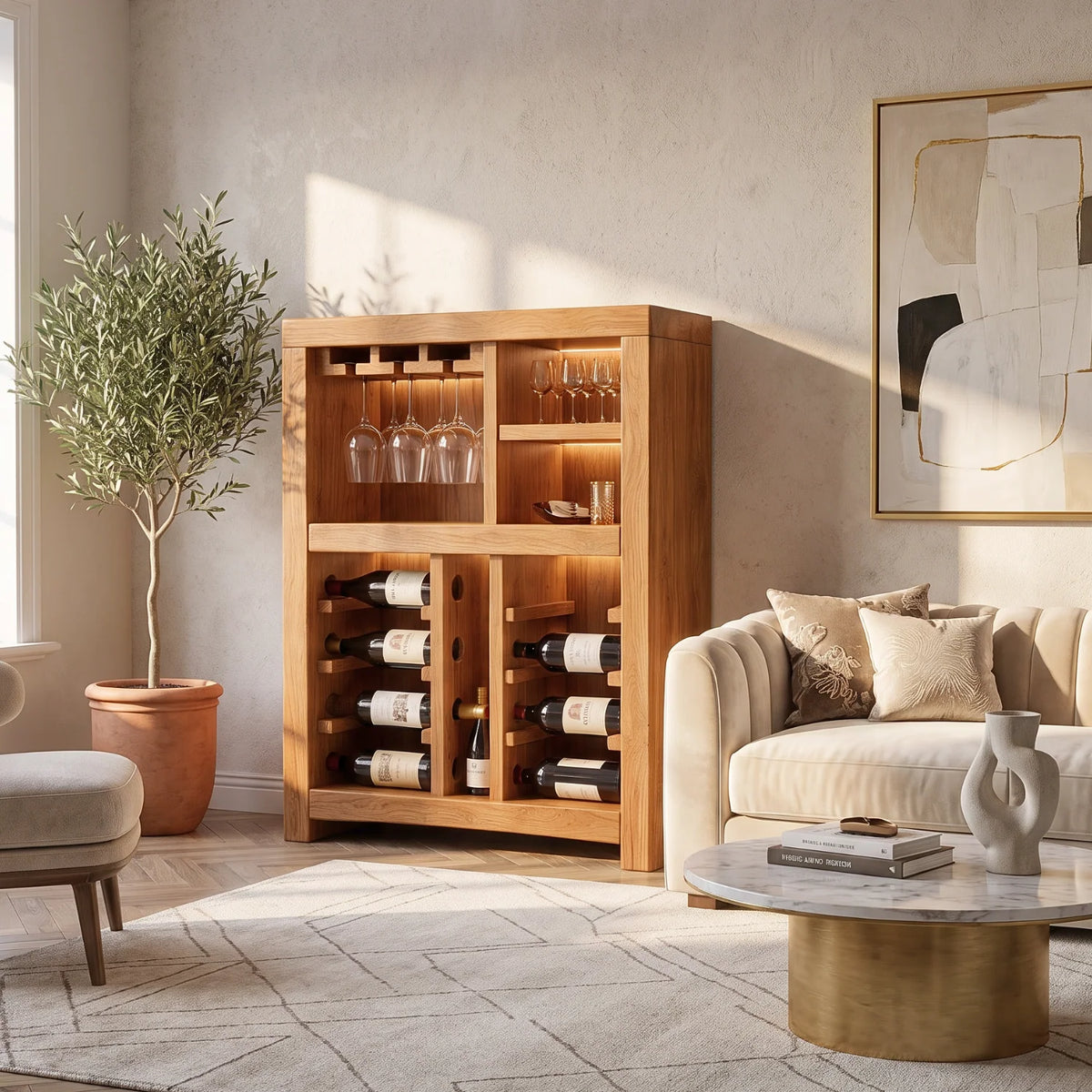 Solid Wood Wine Cabinet with Bottle Racks and Stemware Storage