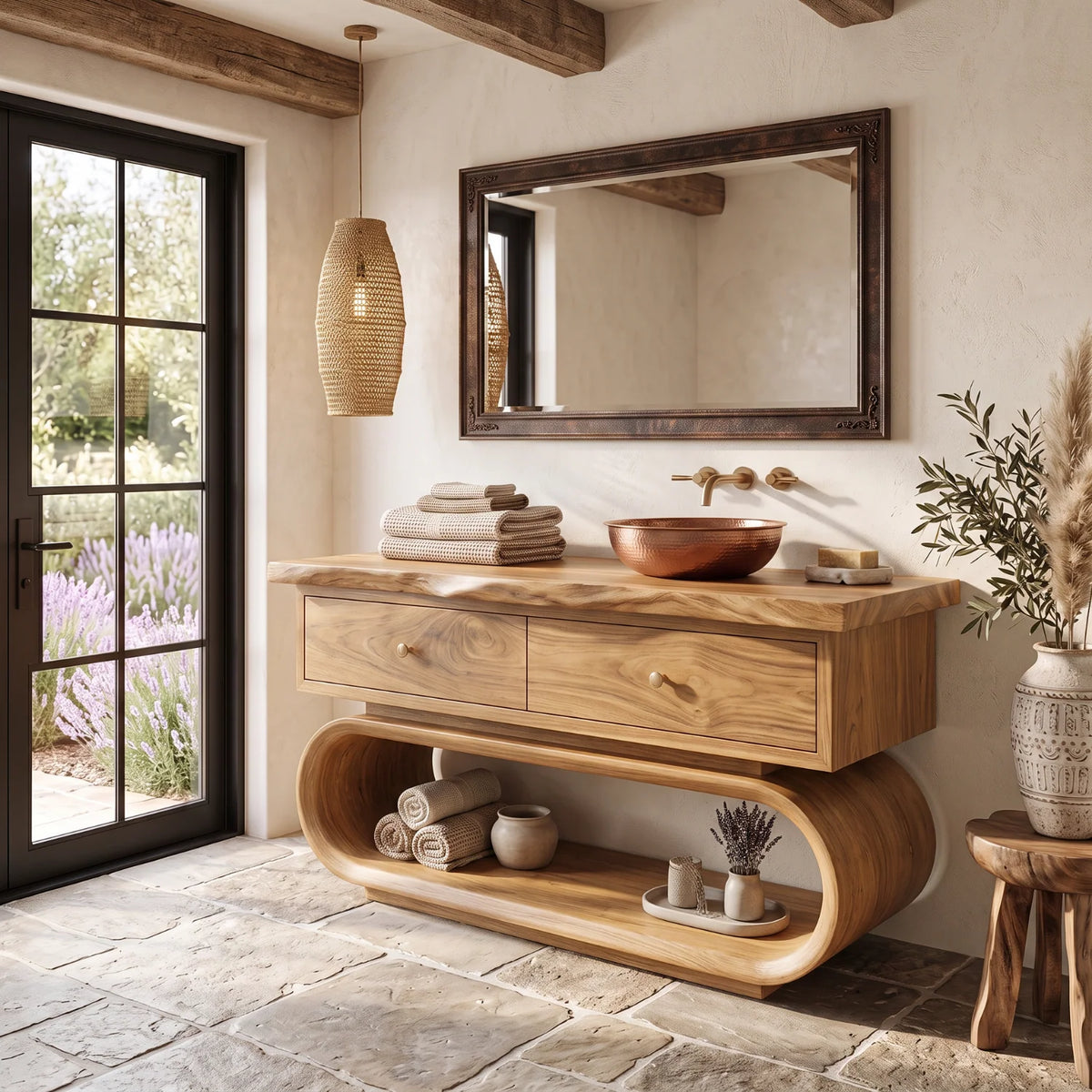 Solid Wood Bathroom Vanity with Sculptural Loop Frame Base and Drawer Storage