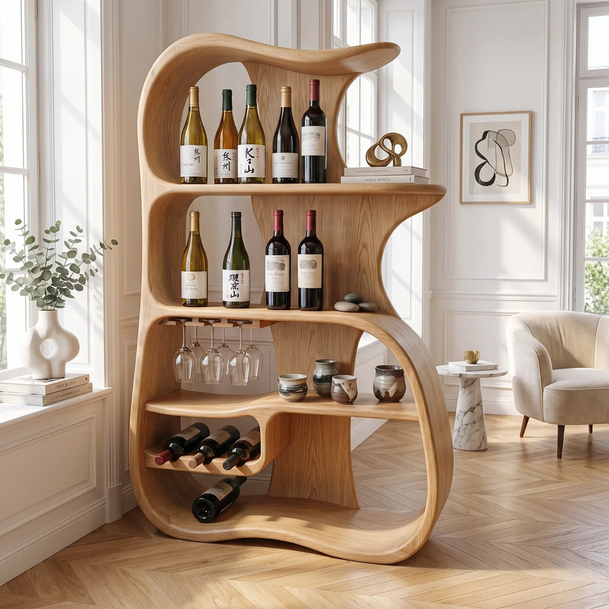 Solid Wood Wine Cabinet with Organic Open Shelves for Dining Room