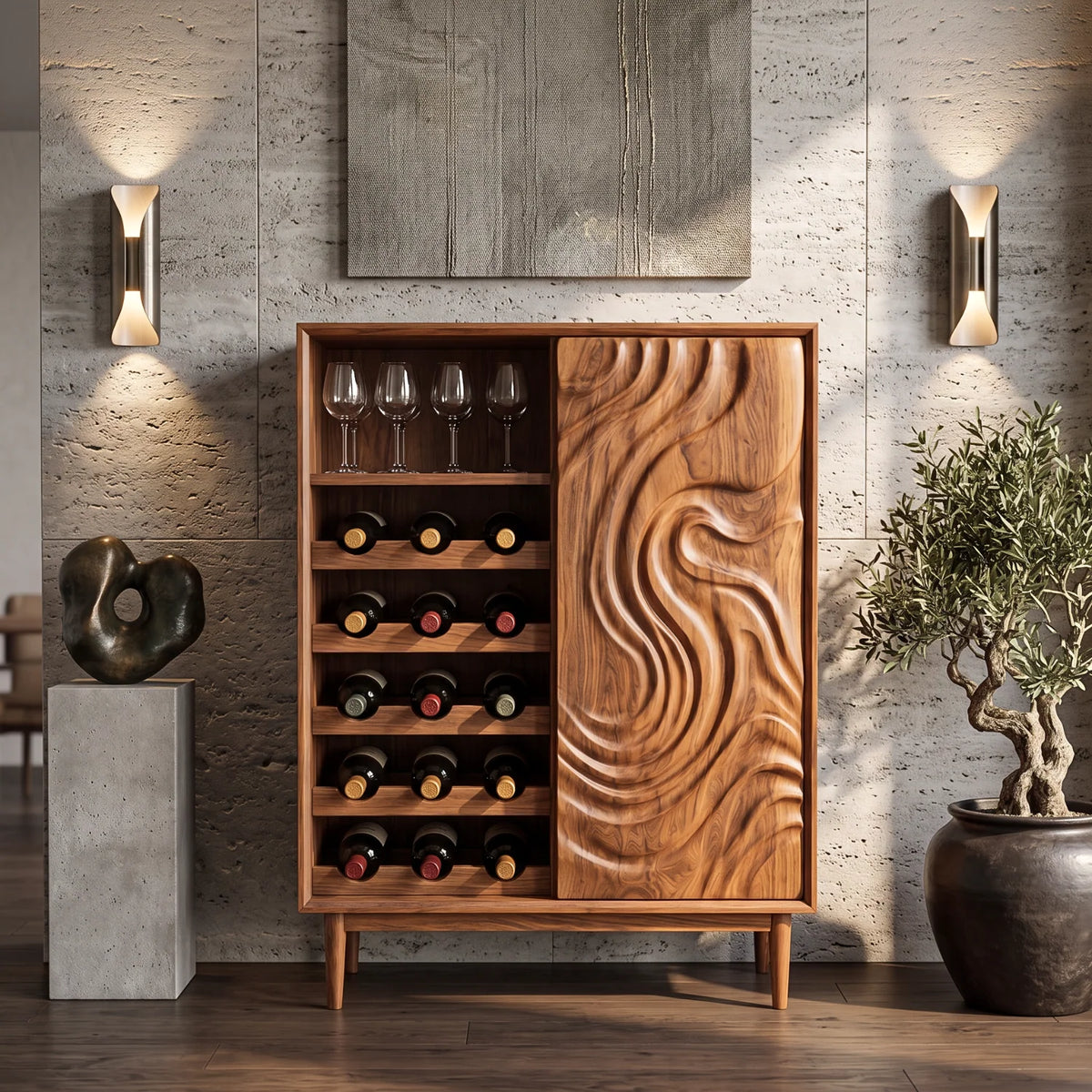 Solid Wood Wine Cabinet with Sculpted Wave Door and Wine Bottle Storage