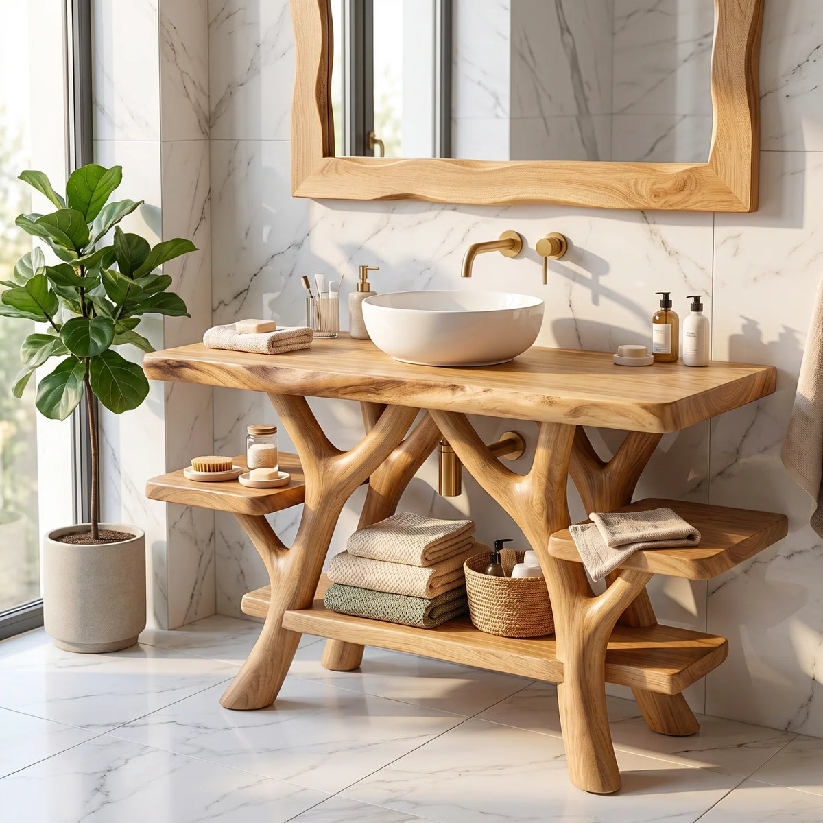 Solid Wood Bathroom Vanity with Sculptural Branch Frame and Open Shelves