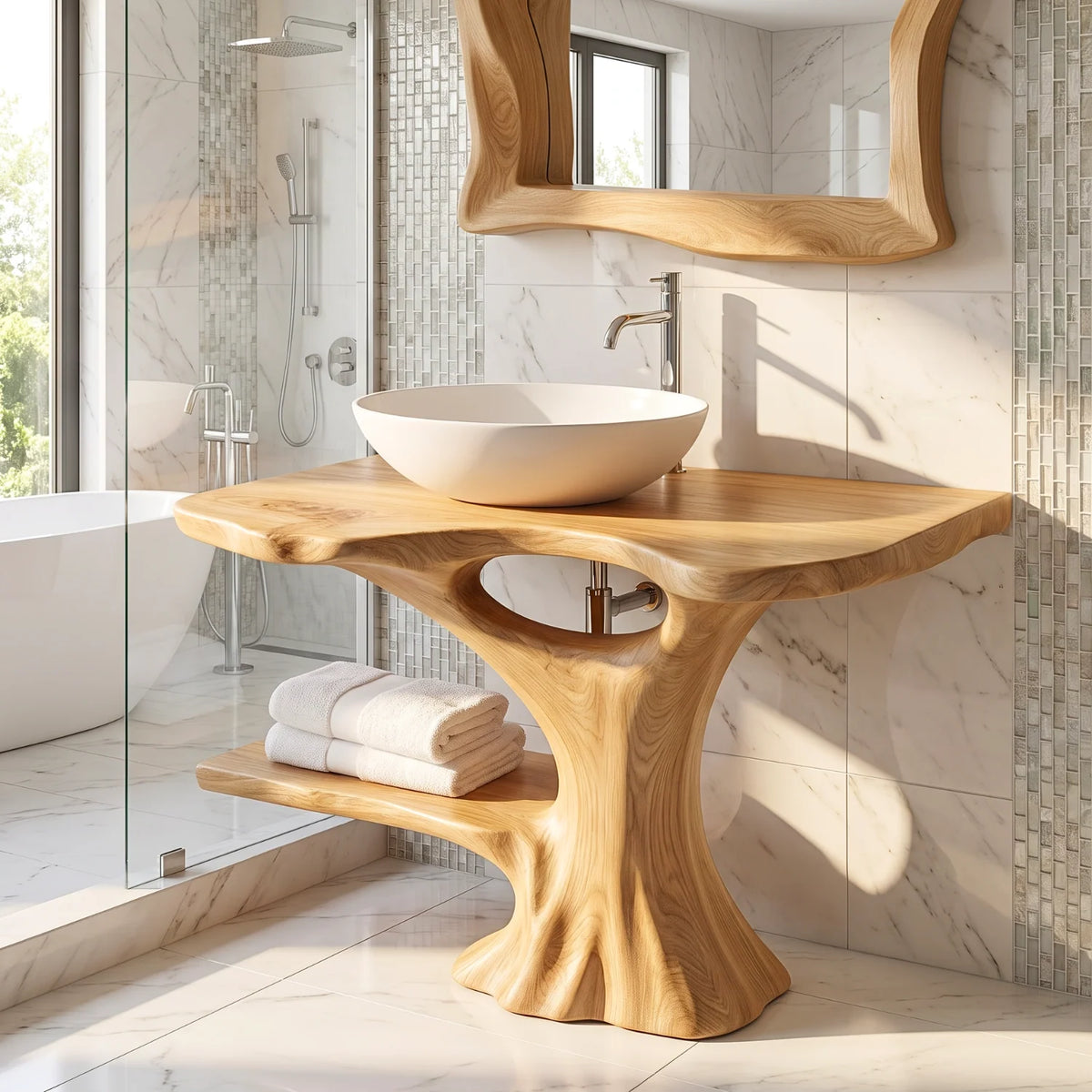 Solid Wood Bathroom Vanity with Organic Trunk Pedestal and Side Shelf Storage