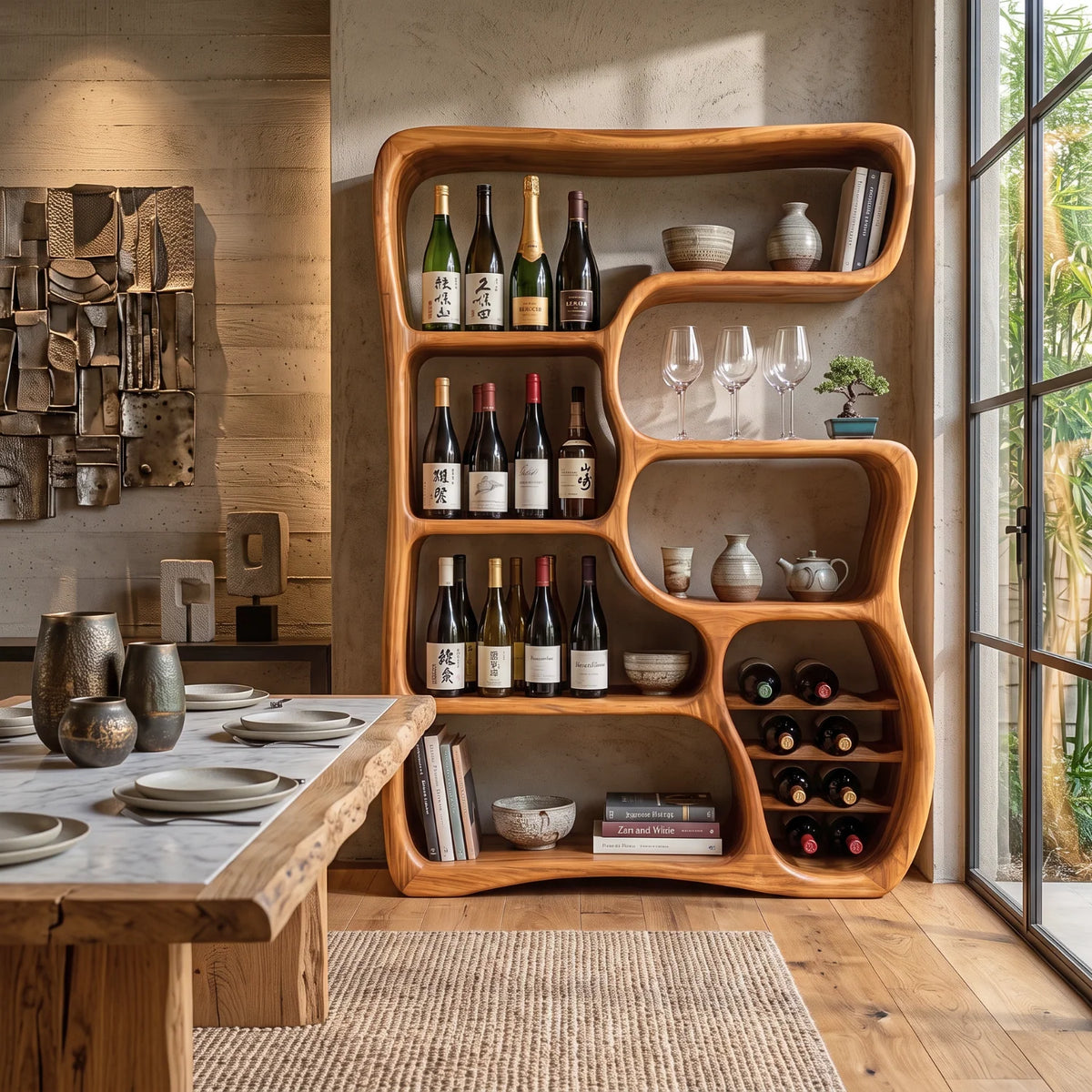 Solid Wood Wine Cabinet with Organic Open Shelves for Living Room Display