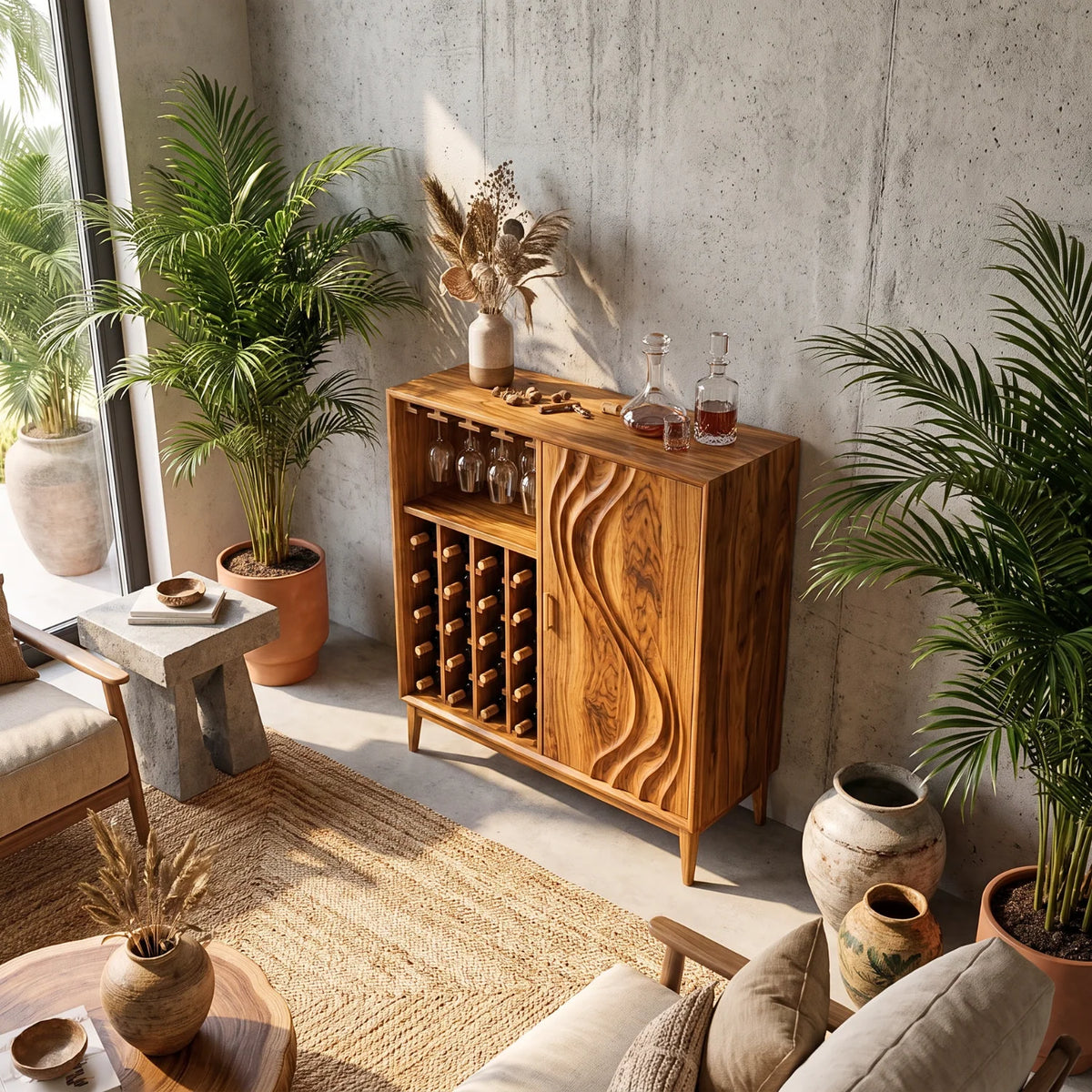 Solid Wood Wine Cabinet with Sculpted Wave-Carved Door for Dining Room