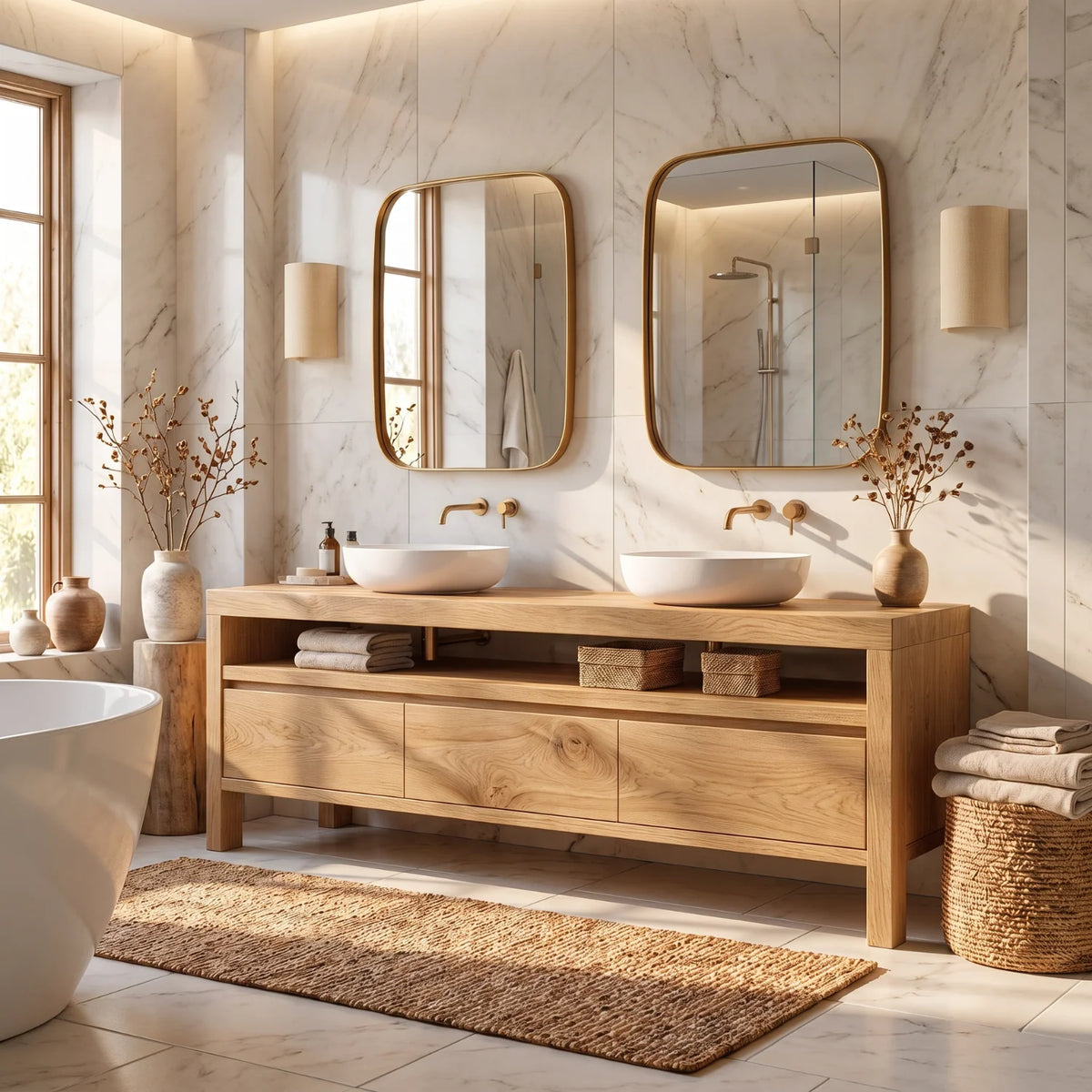 Solid Wood Double Sink Bathroom Vanity with Open Shelf Storage for Lodge Bathrooms