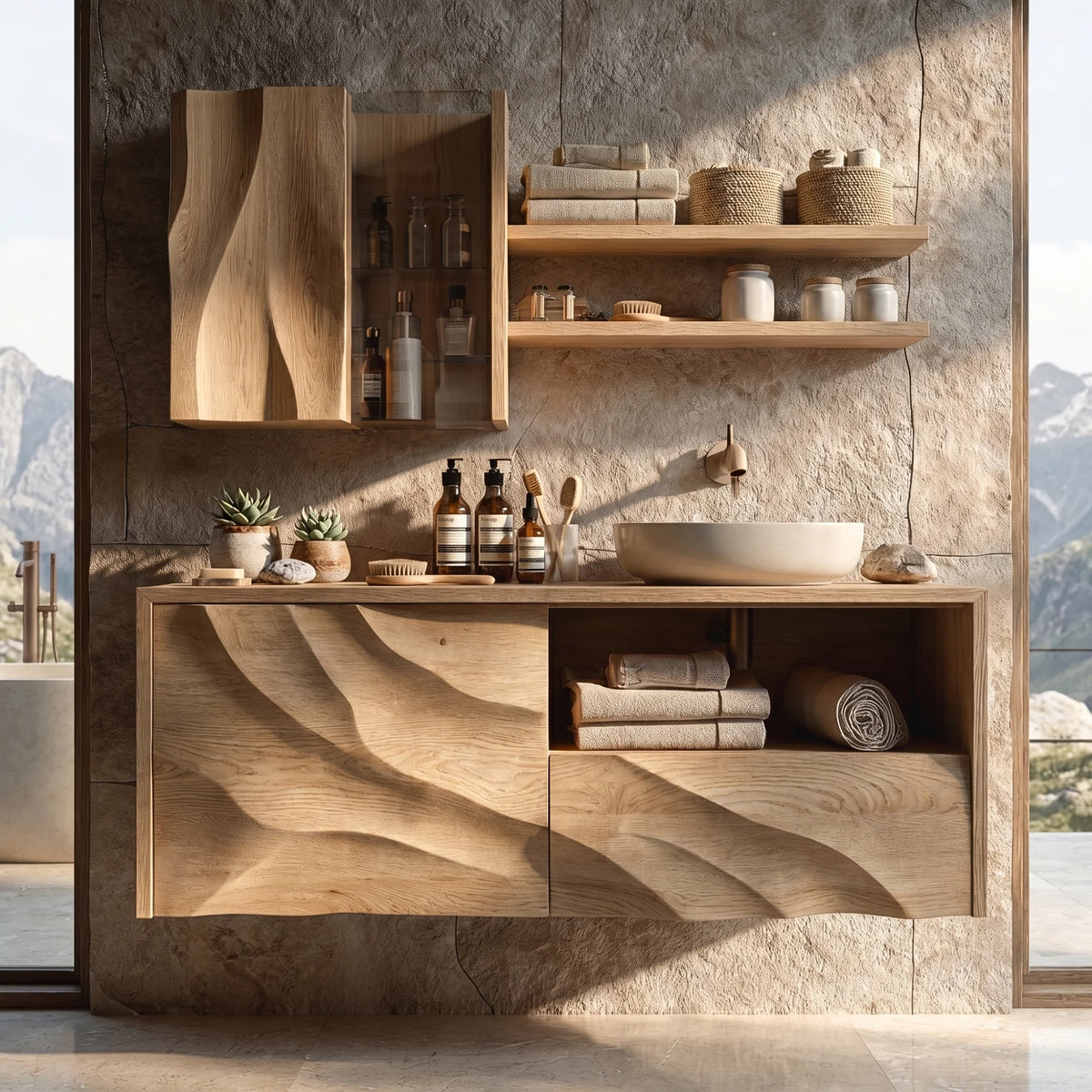 Floating Solid Wood Bathroom Vanity with Layered Organic Relief – Sculptural Wall-Mounted Cabinet
