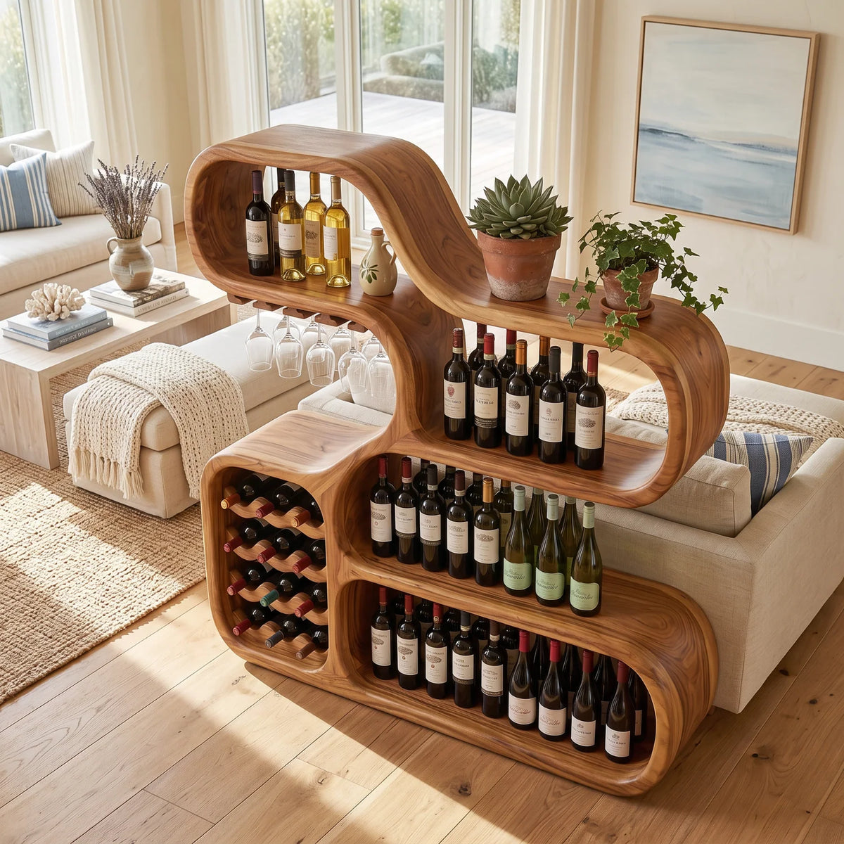 Solid Wood Wine Storage Cabinet with Sculptural Curved Display Shelves for Home Bar