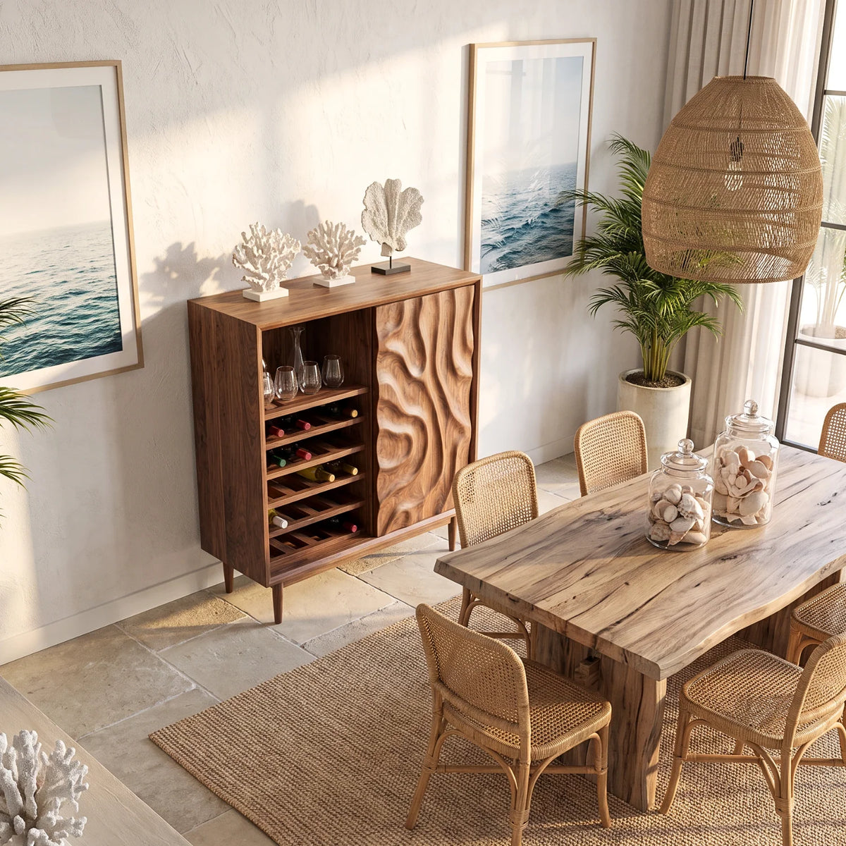 Solid Wood Wine Cabinet with Carved Relief Door and Integrated Bottle Shelves