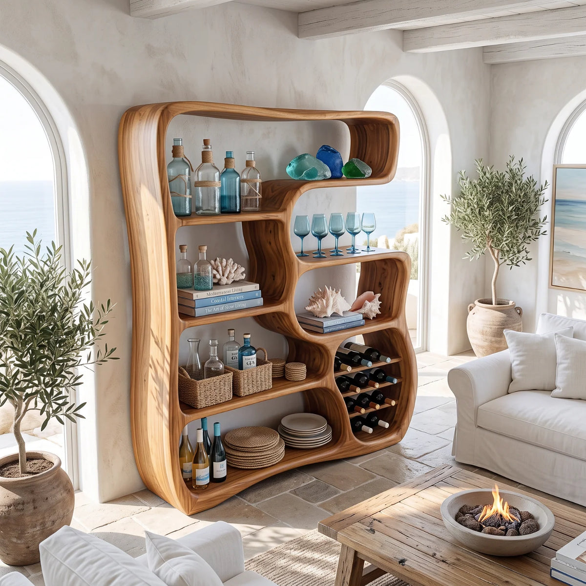 Solid Wood Wine Cabinet with Organic Open Shelves for Living Room Display