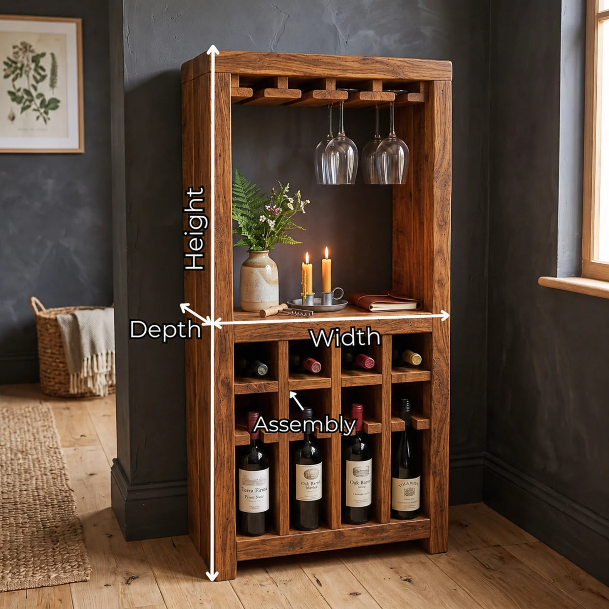 Solid Wood Wine Rack Cabinet with Integrated Stemware Holder and Display Shelves