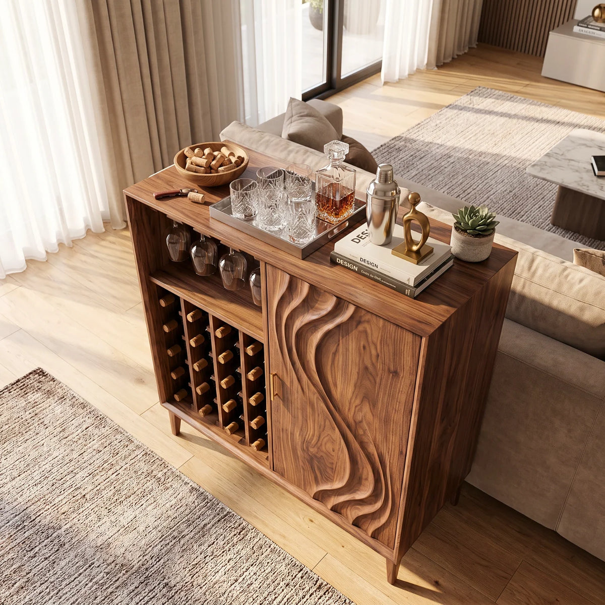 Solid Wood Wine Cabinet with Sculpted Wave-Carved Door for Dining Room