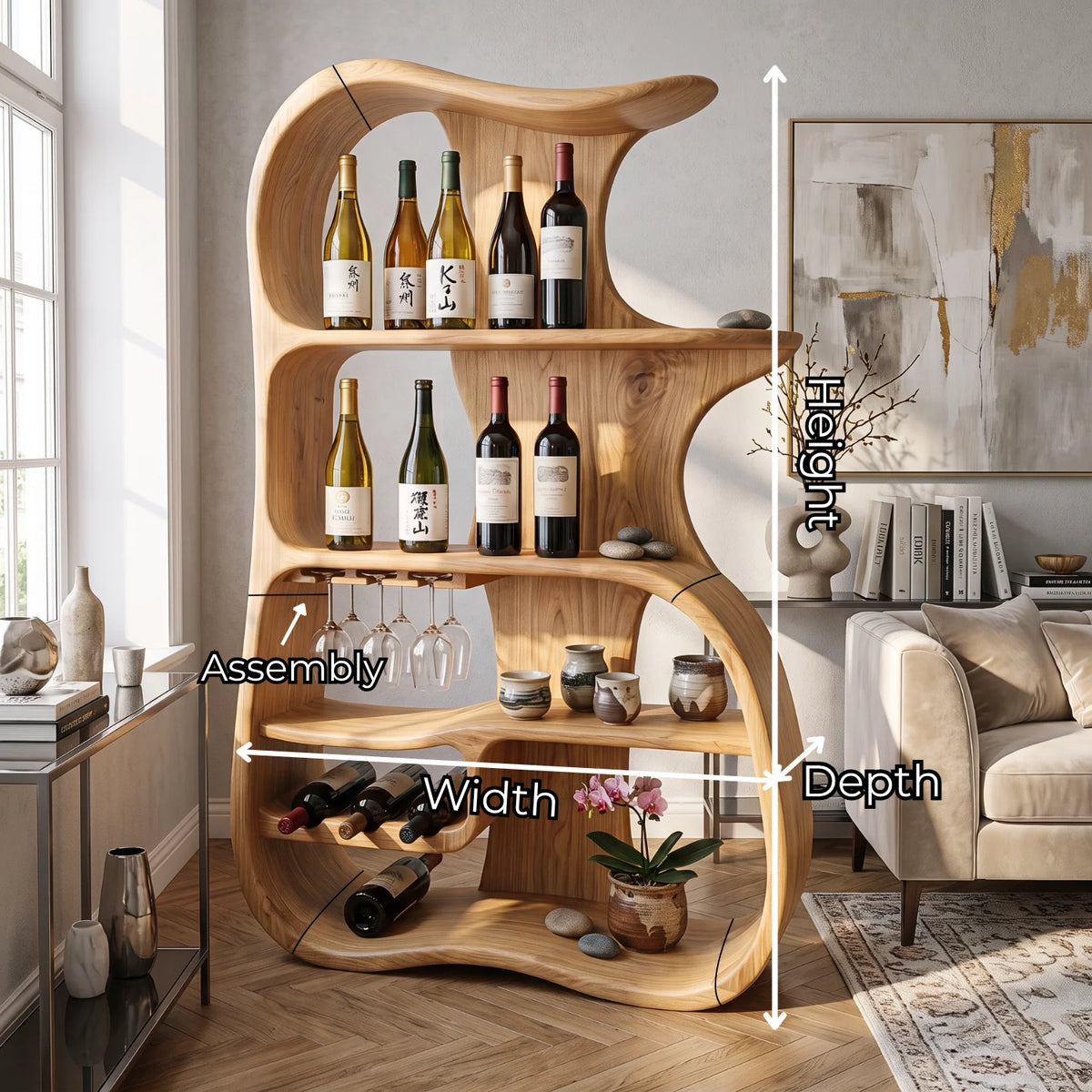 Solid Wood Wine Cabinet with Organic Open Shelves for Dining Room