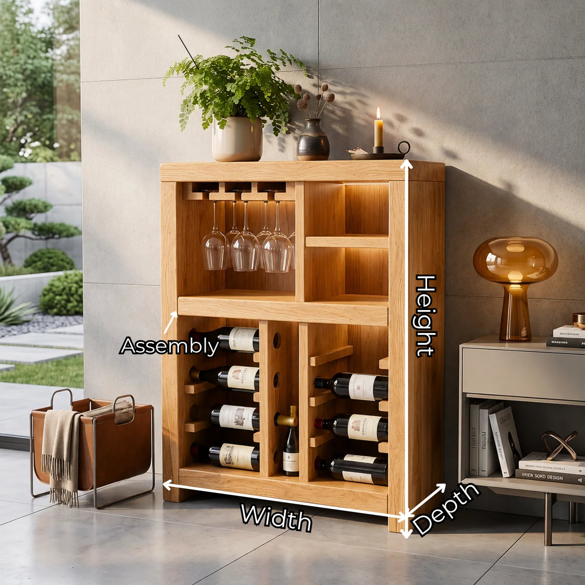 Solid Wood Wine Cabinet with Bottle Racks and Stemware Storage