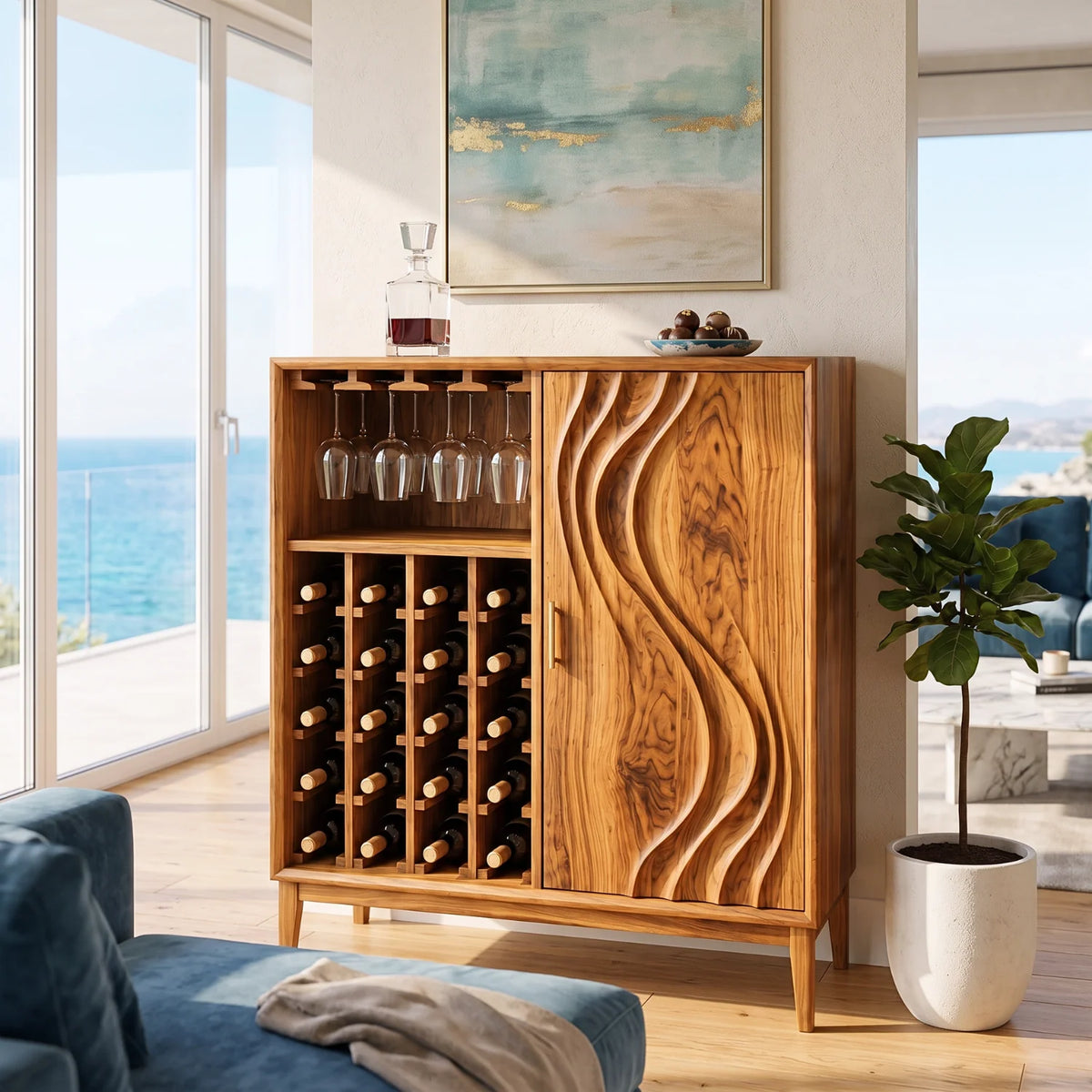 Solid Wood Wine Cabinet with Sculpted Wave-Carved Door for Dining Room