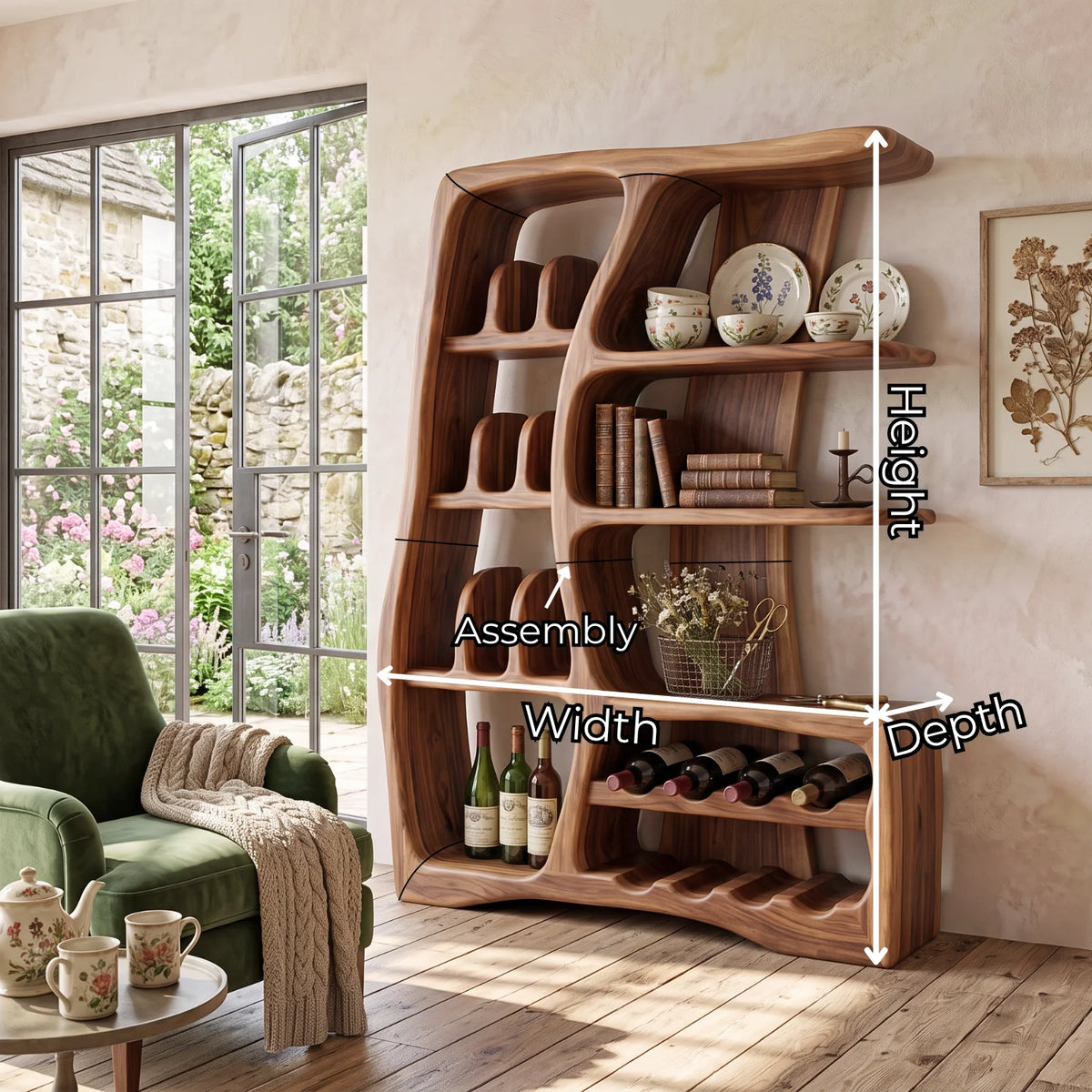 Solid Wood Wine Cabinet with Sculptural Open Shelves and Integrated Bottle Rack