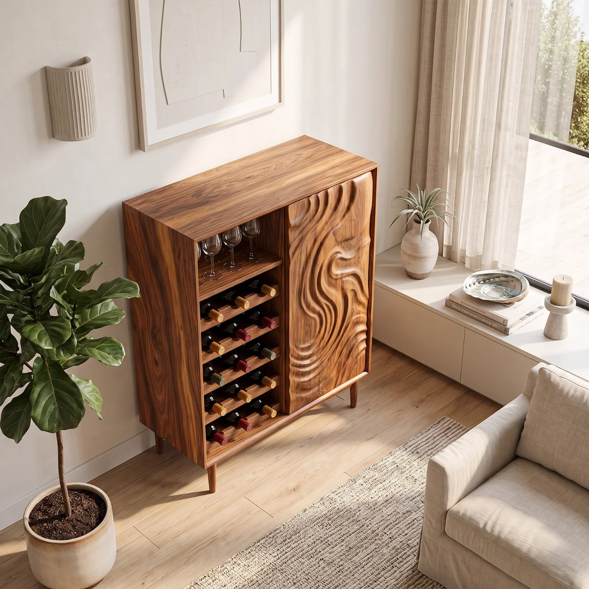 Solid Wood Wine Cabinet with Sculpted Wave Door and Wine Bottle Storage