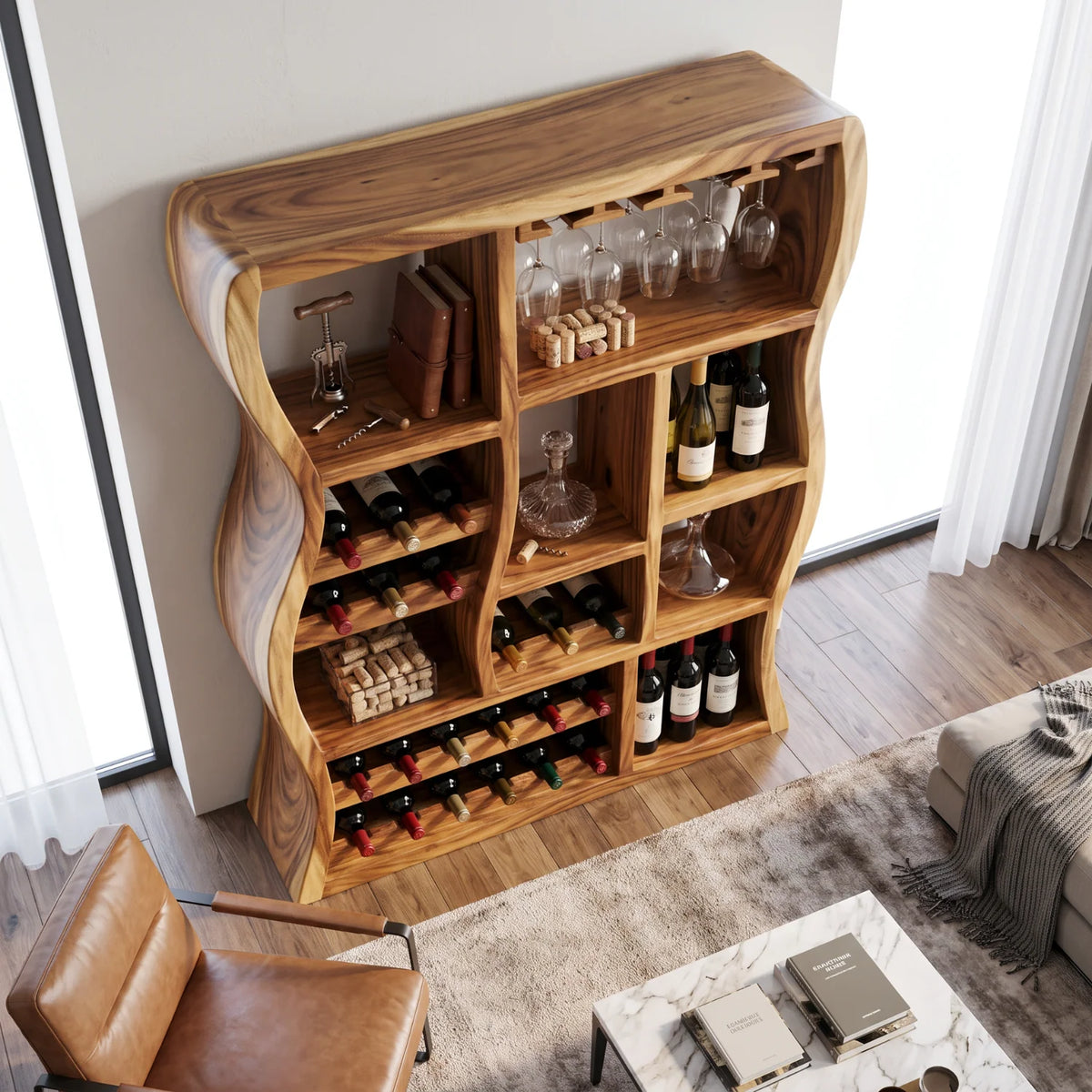 Sculptural Solid Wood Wine Cabinet with Curved Open Storage Compartments