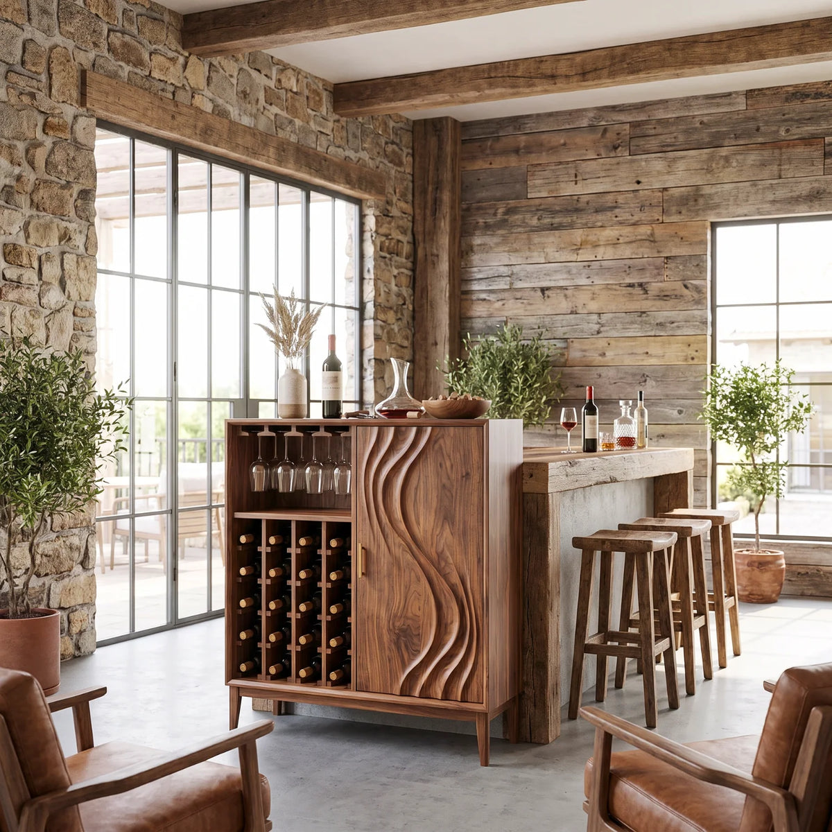 Solid Wood Wine Cabinet with Sculpted Wave-Carved Door for Dining Room