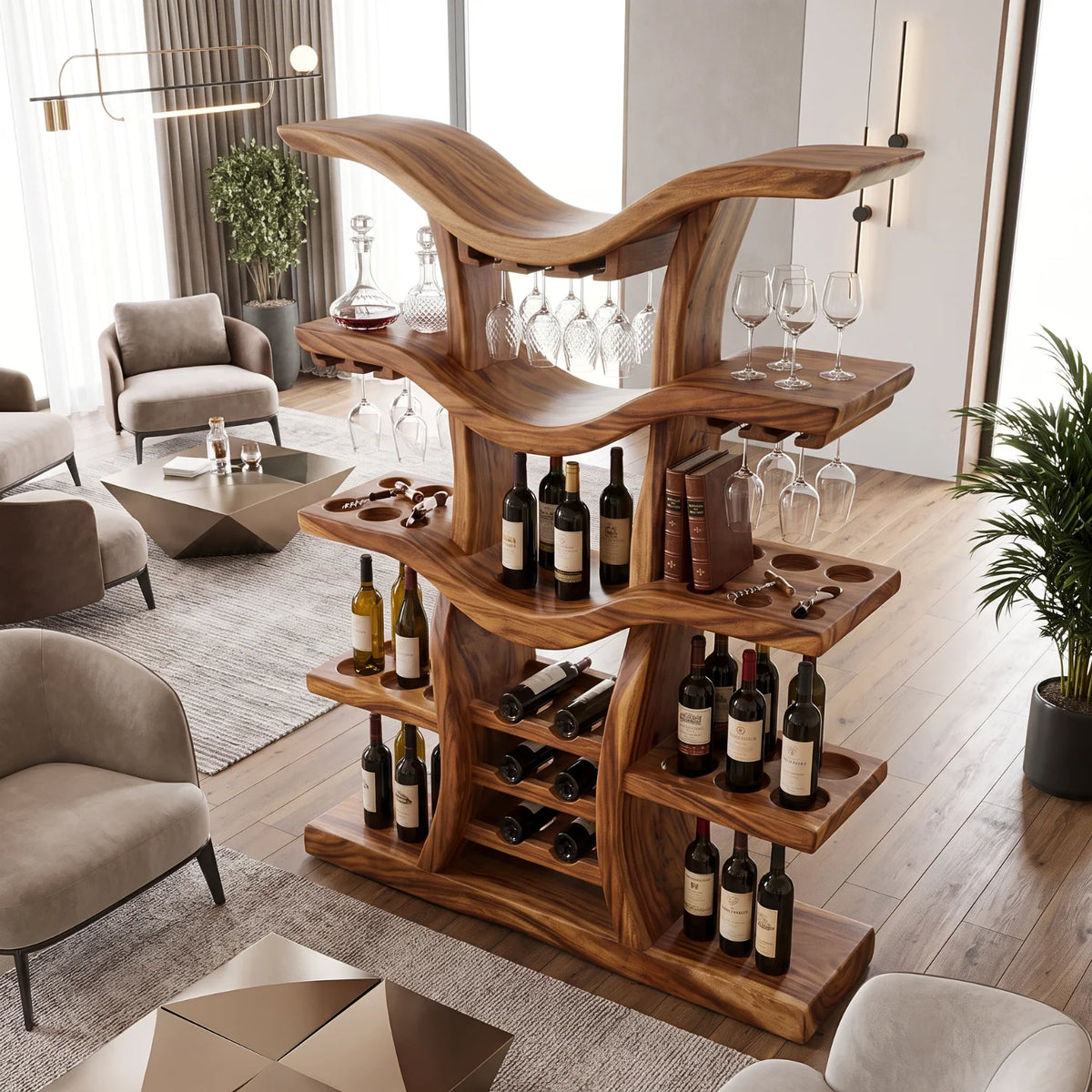 Solid Wood Freestanding Wine Rack with Sculptural Branching Shelves