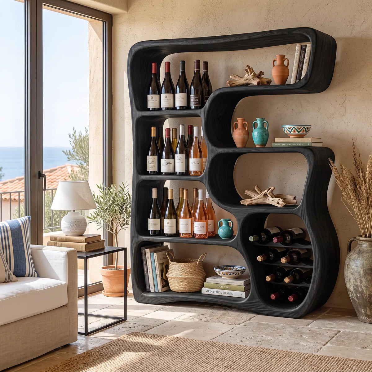 Solid Wood Wine Cabinet with Organic Open Shelves for Living Room Display