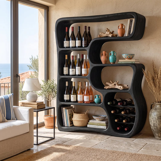 Solid Wood Wine Cabinet with Organic Open Shelves for Living Room Display