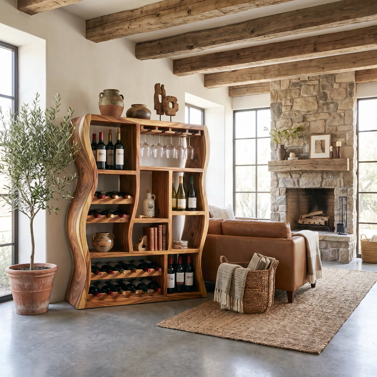 Sculptural Solid Wood Wine Cabinet with Curved Open Storage Compartments