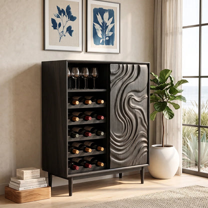 Solid Wood Wine Cabinet with Sculpted Wave Door and Wine Bottle Storage