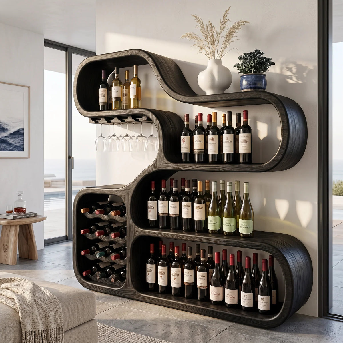 Solid Wood Wine Storage Cabinet with Sculptural Curved Display Shelves for Home Bar
