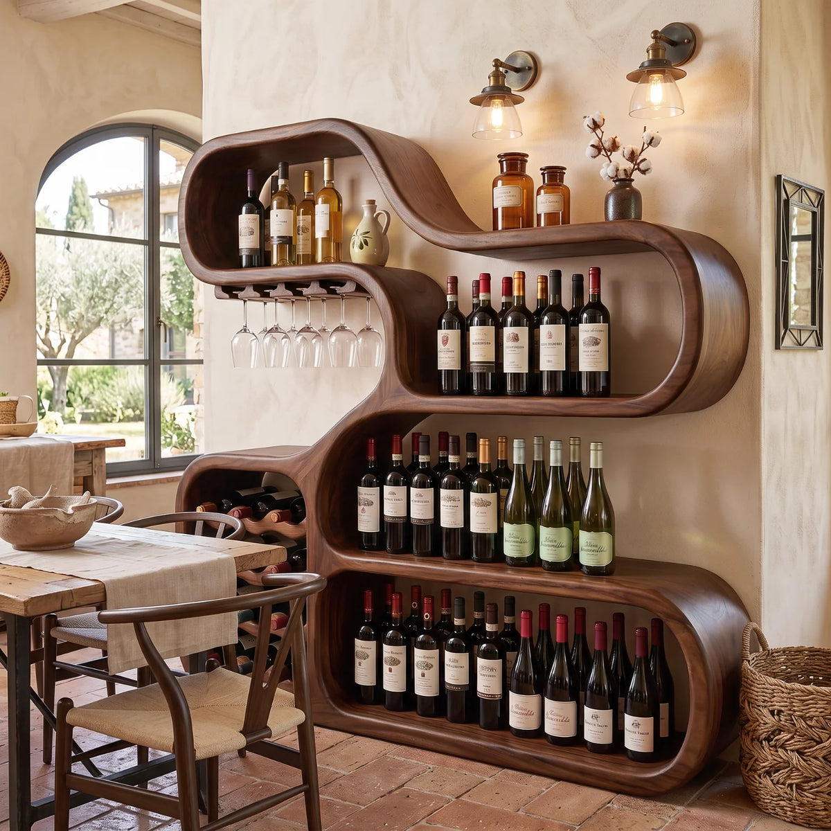 Solid Wood Wine Storage Cabinet with Sculptural Curved Display Shelves for Home Bar