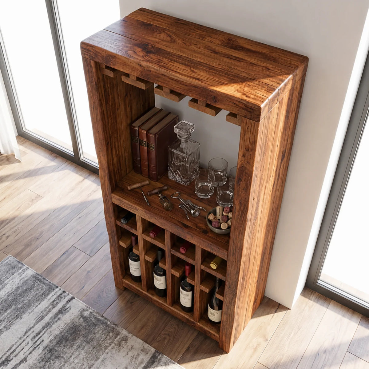 Solid Wood Wine Rack Cabinet with Integrated Stemware Holder and Display Shelves
