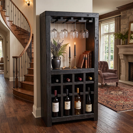 Solid Wood Wine Rack Cabinet with Integrated Stemware Holder and Display Shelves