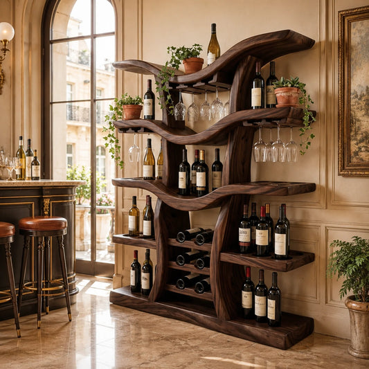 Solid Wood Freestanding Wine Rack with Sculptural Branching Shelves