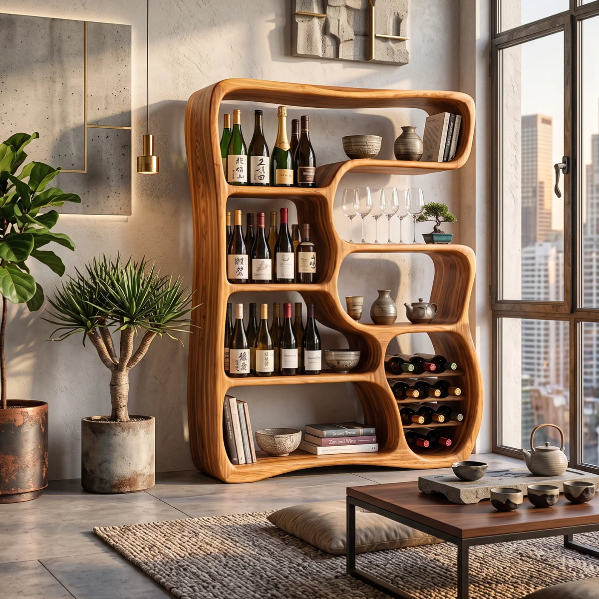 Solid Wood Wine Cabinet with Organic Open Shelves for Living Room Display