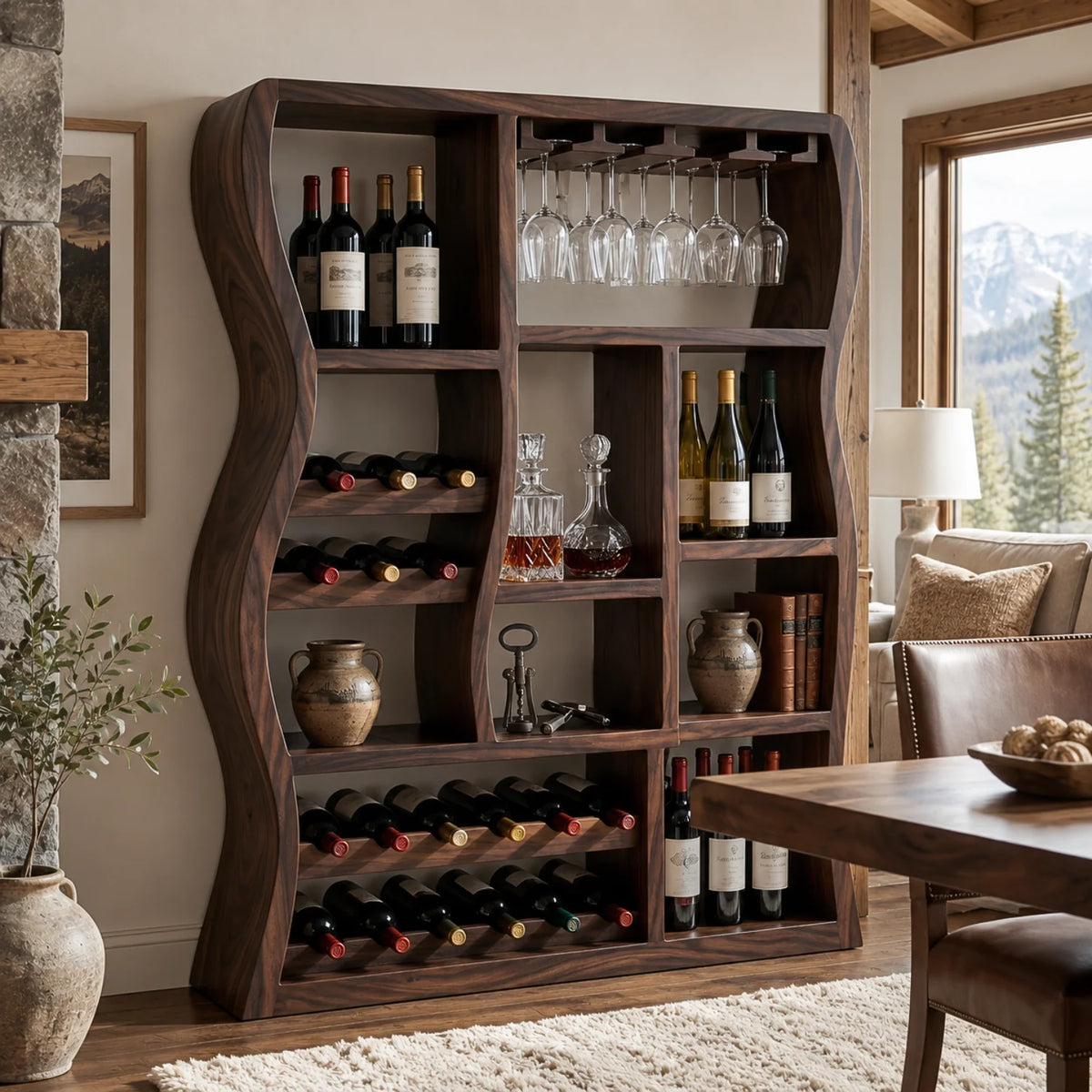 Sculptural Solid Wood Wine Cabinet with Curved Open Storage Compartments