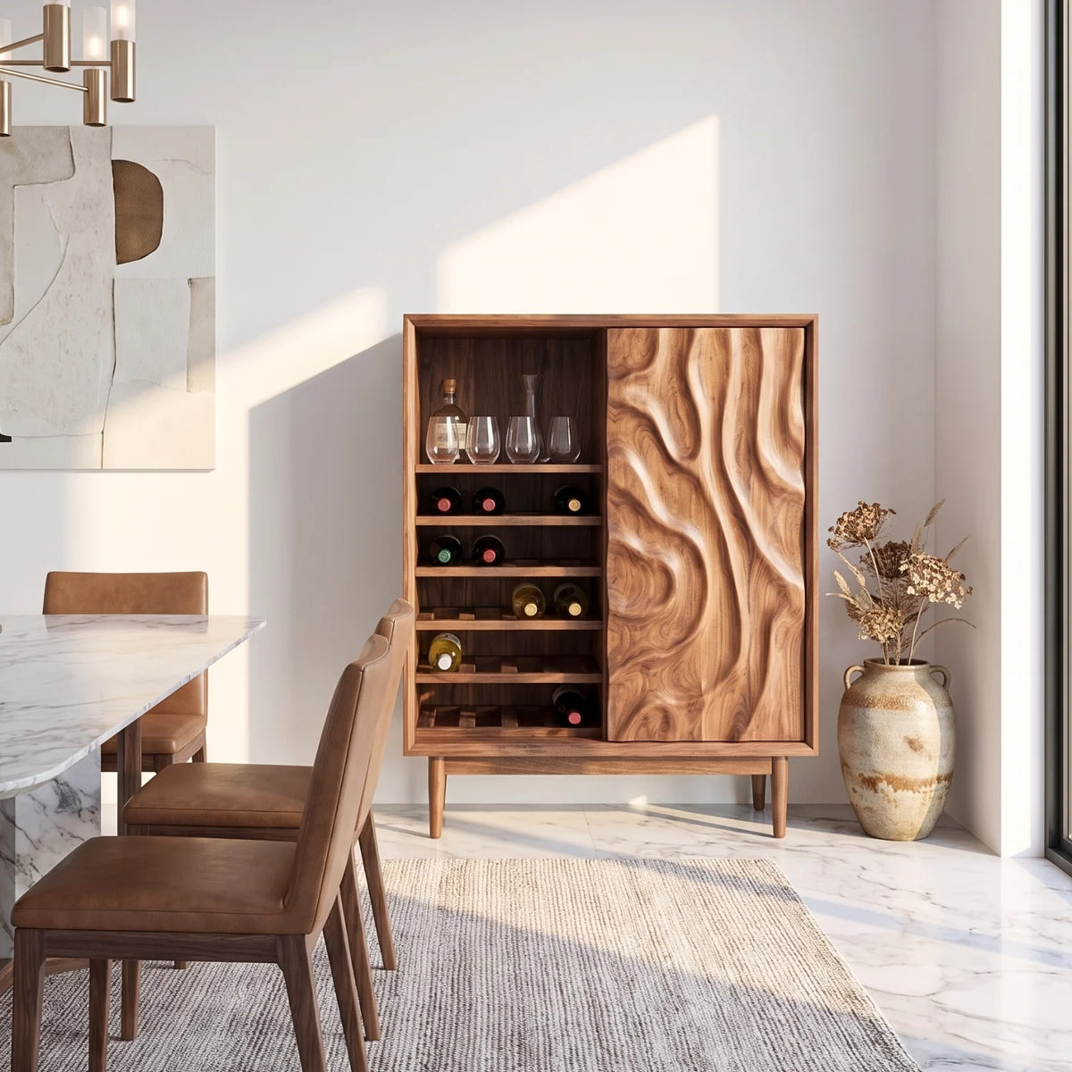 Solid Wood Wine Cabinet with Carved Relief Door and Integrated Bottle Shelves