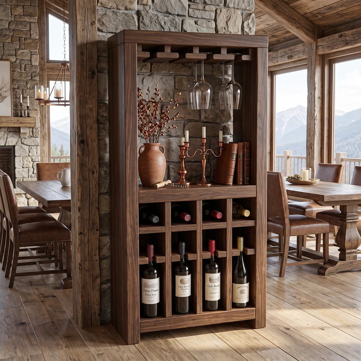 Solid Wood Wine Rack Cabinet with Integrated Stemware Holder and Display Shelves