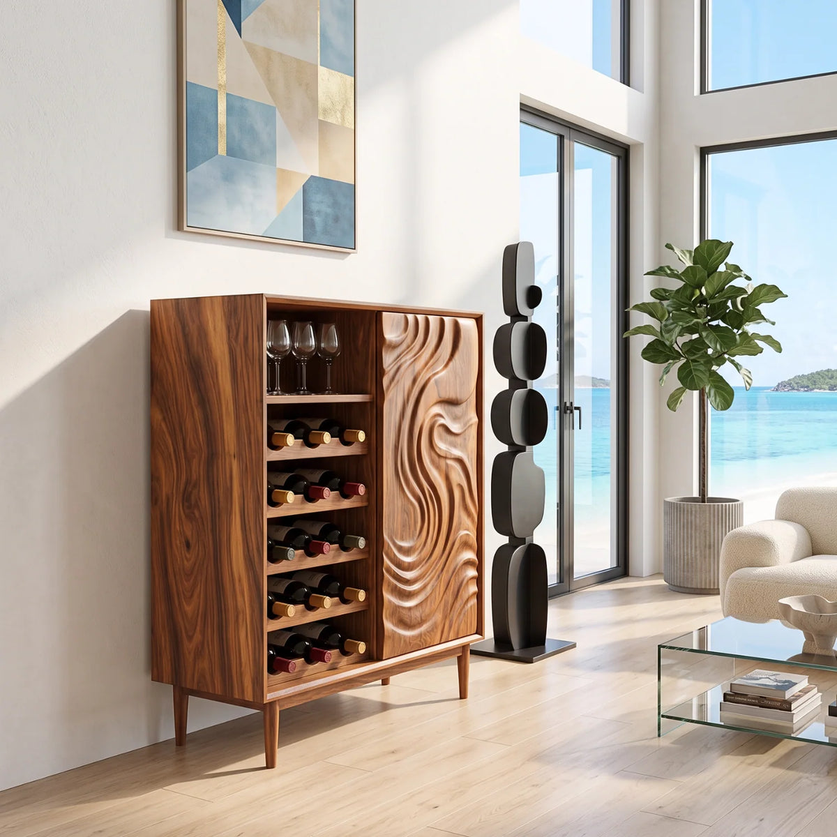 Solid Wood Wine Cabinet with Sculpted Wave Door and Wine Bottle Storage