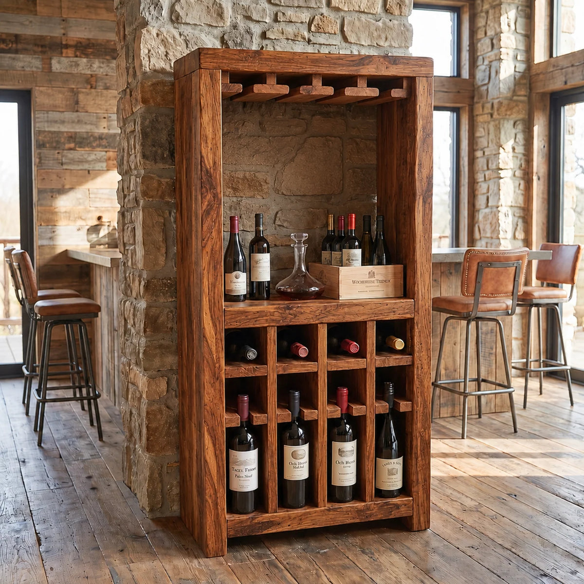 Solid Wood Wine Rack Cabinet with Integrated Stemware Holder and Display Shelves