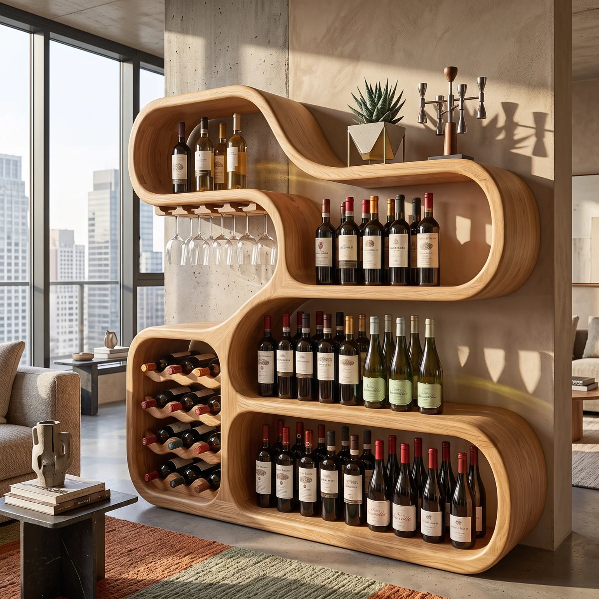 Solid Wood Wine Storage Cabinet with Sculptural Curved Display Shelves for Home Bar
