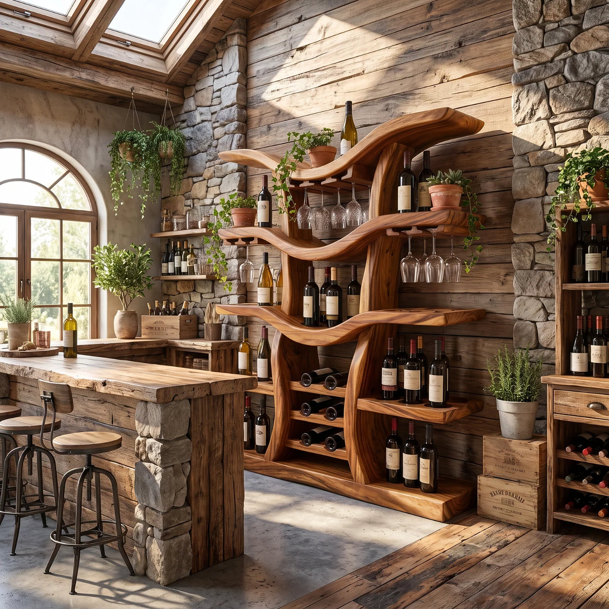 Solid Wood Freestanding Wine Rack with Sculptural Branching Shelves