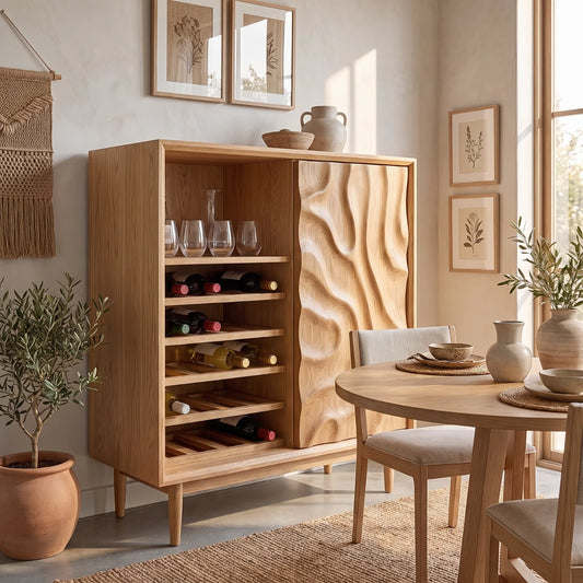 Solid Wood Wine Cabinet with Carved Relief Door and Integrated Bottle Shelves