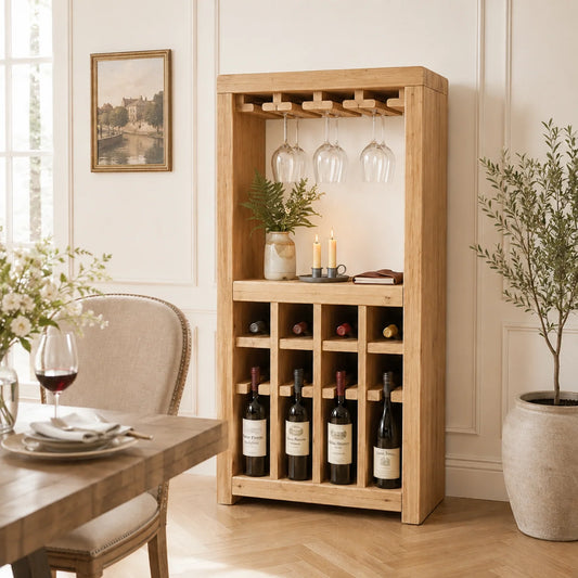 Solid Wood Wine Rack Cabinet with Integrated Stemware Holder and Display Shelves