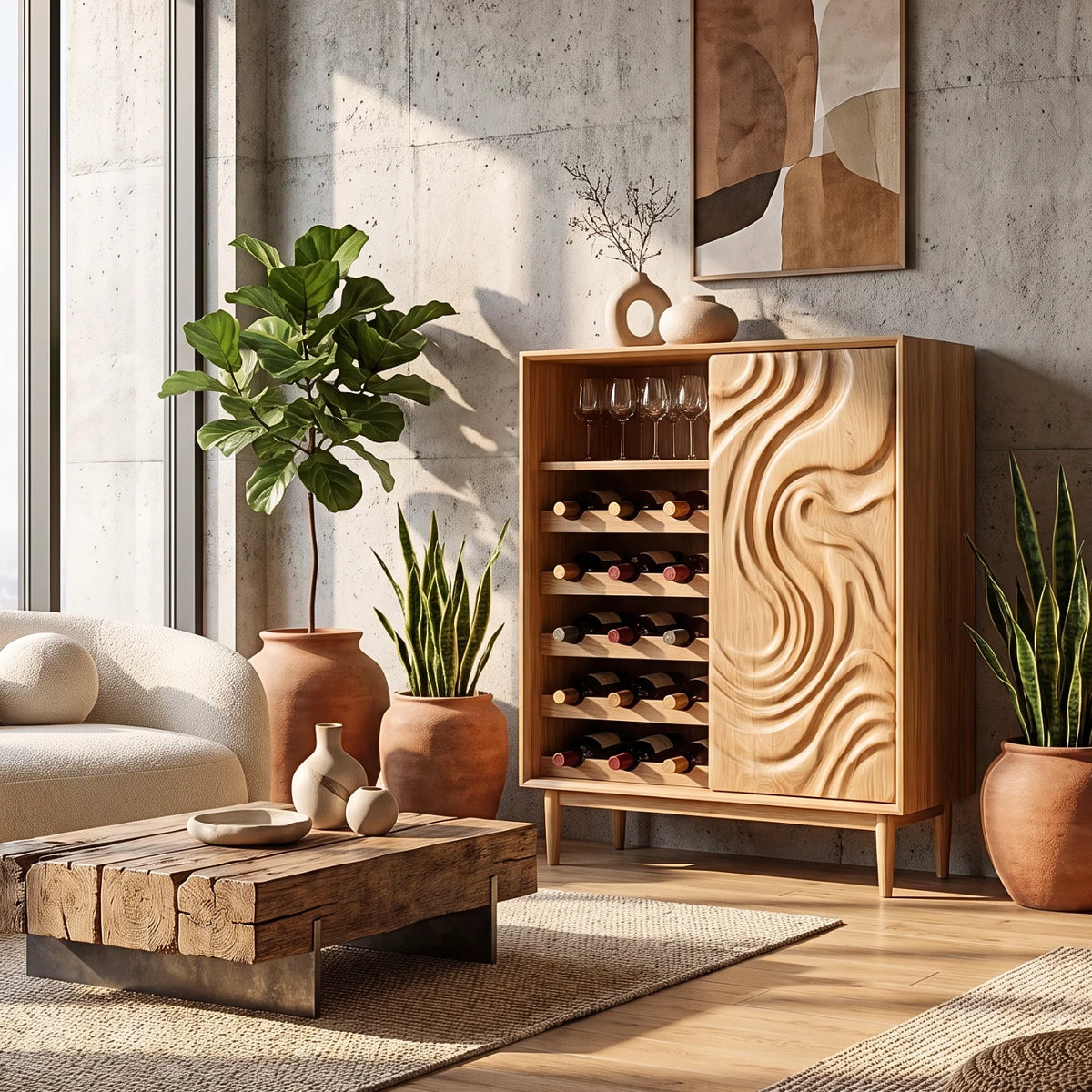 Solid Wood Wine Cabinet with Sculpted Wave Door and Wine Bottle Storage