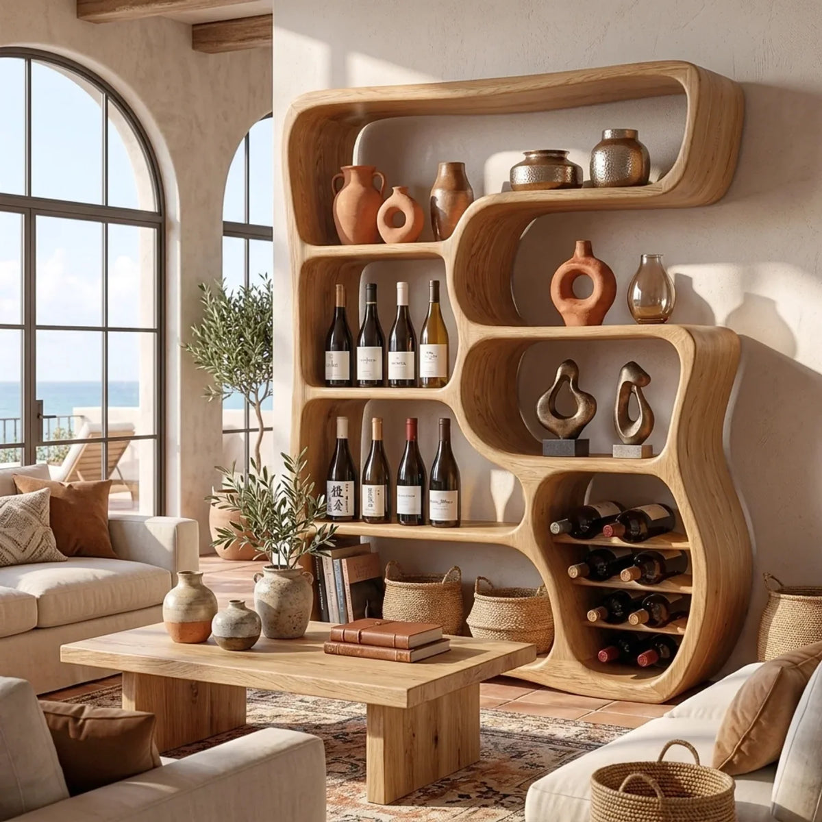 Solid Wood Wine Cabinet with Organic Open Shelves for Living Room Display