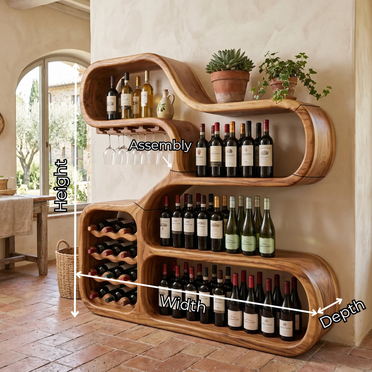 Solid Wood Wine Storage Cabinet with Sculptural Curved Display Shelves for Home Bar