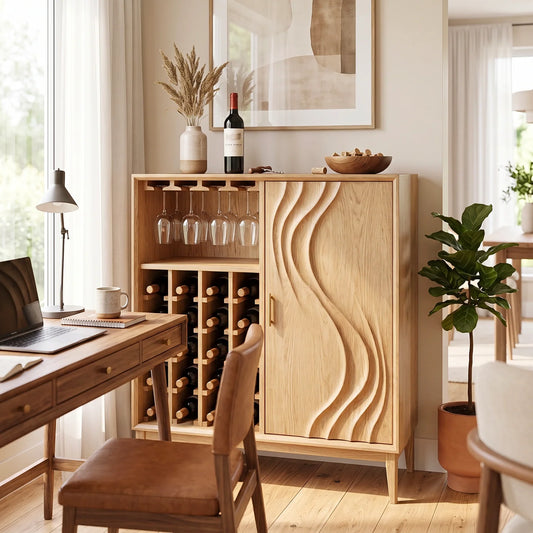 Solid Wood Wine Cabinet with Sculpted Wave-Carved Door for Dining Room